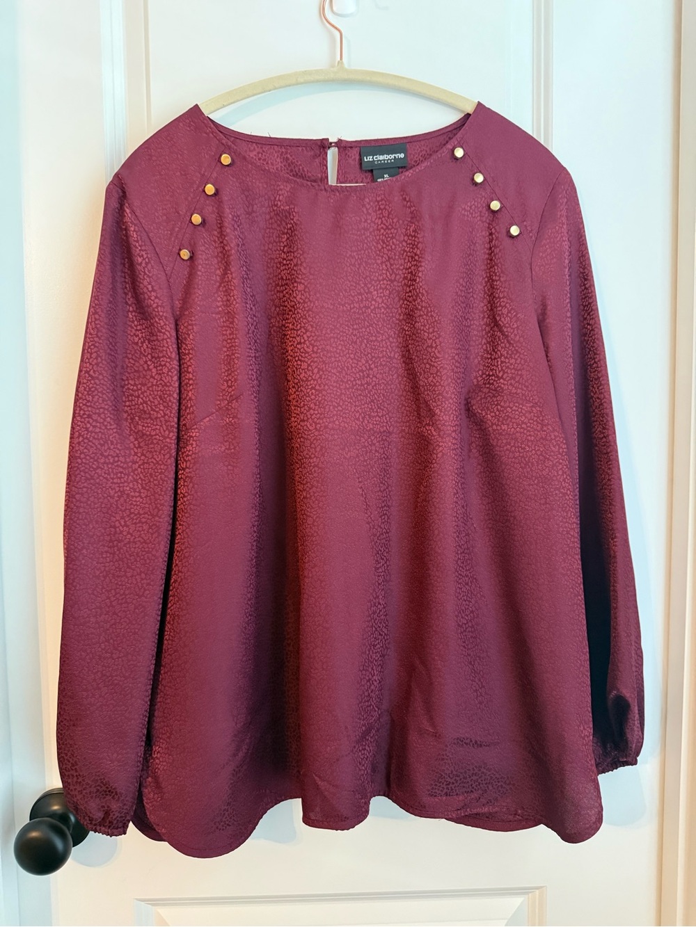 Liz Claiborne Burgundy Long-Sleeve Blouse with Gold Studs